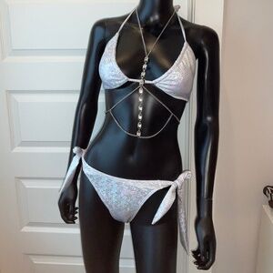 Strappy White/Silvery Bikini with Large Rhinestone Chain & Charming Bikinis Char